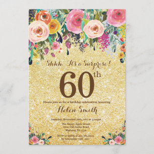 Gold Glitter Floral Surprise 60th Birthday Kaart