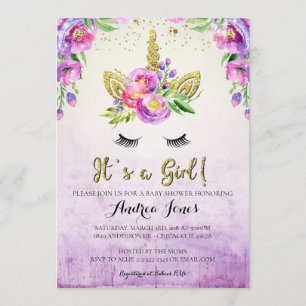 Gold Glitter Floral Unicorn Baby shower Invitation Kaart