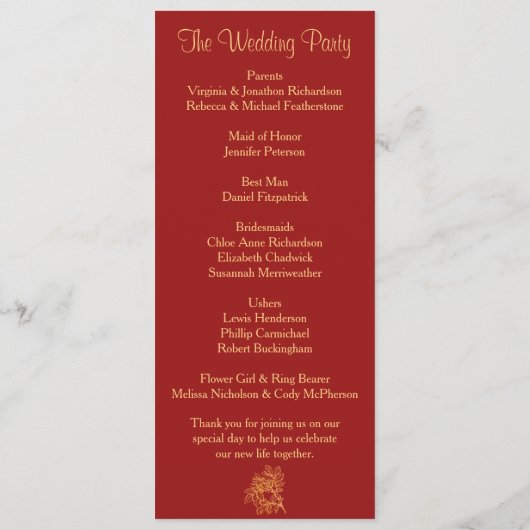 Gold Glitter Flowers and Dark Red Wedding Program Programma (Achterkant)
