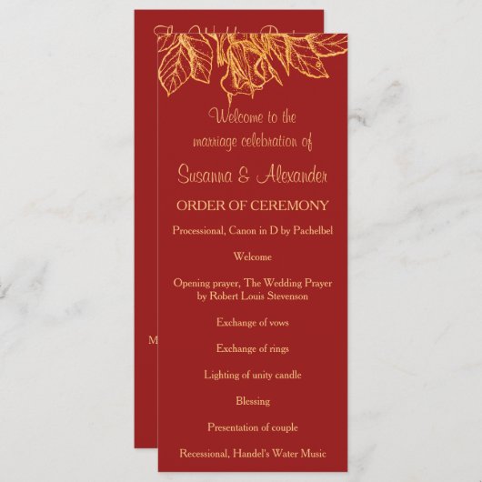 Gold Glitter Flowers and Dark Red Wedding Program Programma (Voorkant / Achterkant)