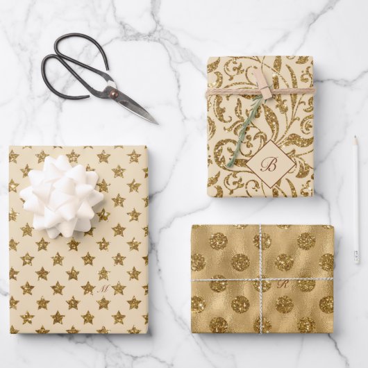 Gold Glitter Folie Pattern Monogramed Kerstmis Inpakpapier Vel (Voorkant)