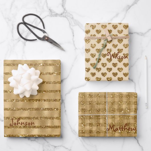 Gold Glitter Folie Pattern Monogramed Kerstmis Inpakpapier Vel (Voorkant)