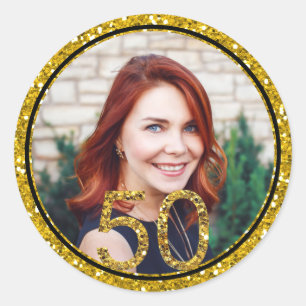 Gold Glitter Foto 50th Birthday Party Favors Ronde Sticker