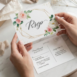 Gold Glitter Geometric Blush Floral Wedding RSVP Uitnodiging Briefkaart