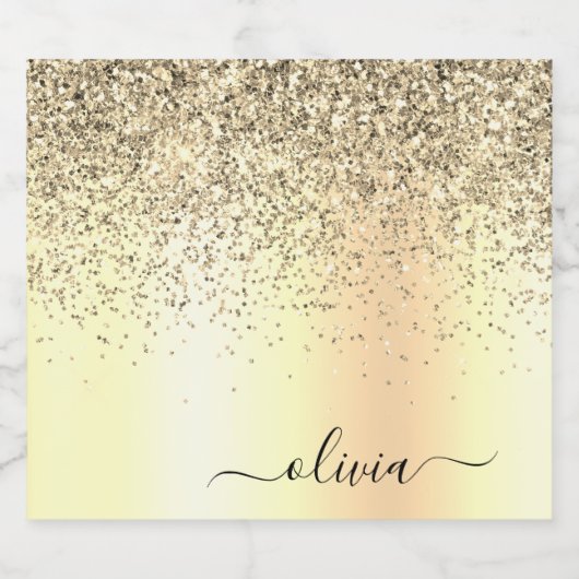 Gold Glitter Girly Luxury Modern Monogram Naam Sparkling Wijnetiket (Enkel label)