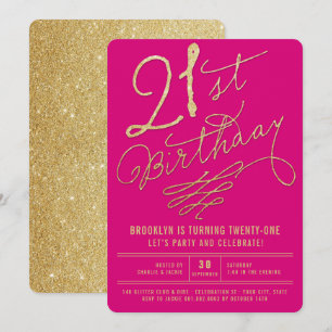 Gold Glitter Glam Adult 21st Birthday Party Invite Kaart