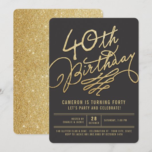 Gold Glitter Glam Adult 40th Birthday Party Invite Kaart (Voorkant / Achterkant)