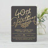 Gold Glitter Glam Adult 40th Birthday Party Invite Kaart (Staand voorkant)