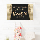 Gold Glitter Glam Edge & Diamonds Sweet 16 Spandoek (Insitu)