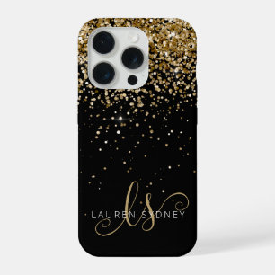Gold Glitter Glam Monogram Naam iPhone 15 Pro Hoesje