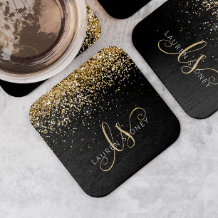 Gold Glitter Glam Monogram Naam Vierkante Kartonnen Onderzetter