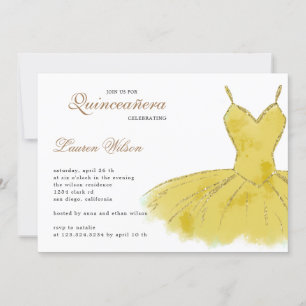 Gold Glitter Gown Quinceanera Kaart