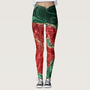 Gold Glitter Green en Red Glam-kerstpatroon Leggings