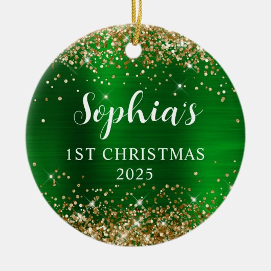 Gold Glitter Green Faux Foil 1st Christmas Photo Keramisch Ornament (Voorkant)