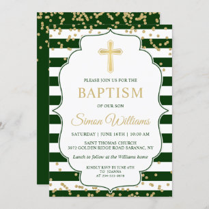Gold Glitter Green Stripes Boy Baptism Uitnodiging