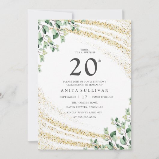 Gold Glitter Greenery 20e verjaardag Kaart (Voorkant)
