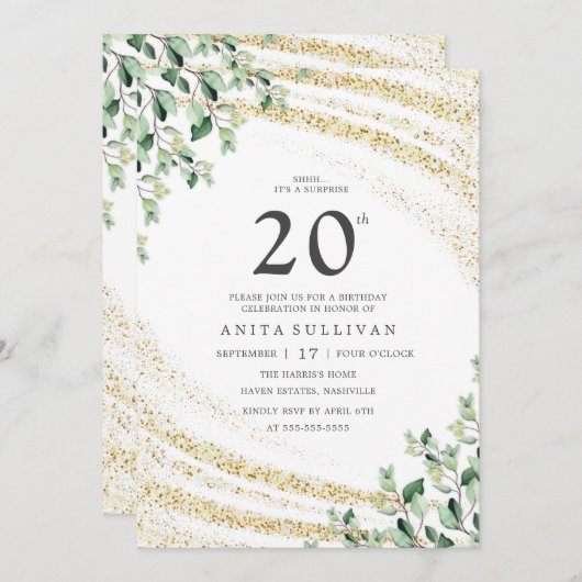 Gold Glitter Greenery 20e verjaardag Kaart (Voorkant / Achterkant)