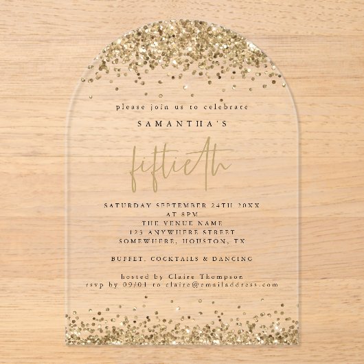 Gold Glitter grenst aan 50e verjaardagsfeest Acryl Uitnodigingen (Voorkant)