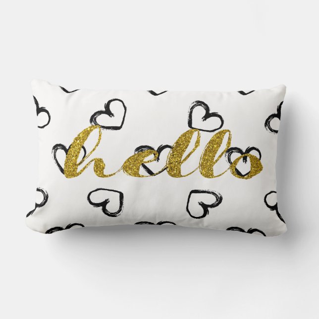 Gold Glitter Hallo Script Doodle Heart Kussen (Voorkant)