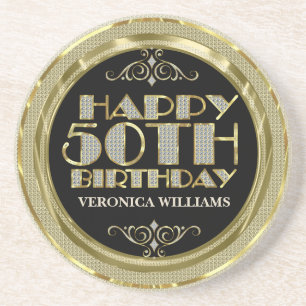 Gold Glitter Happy 50th Birthday Zandsteen Onderzetter