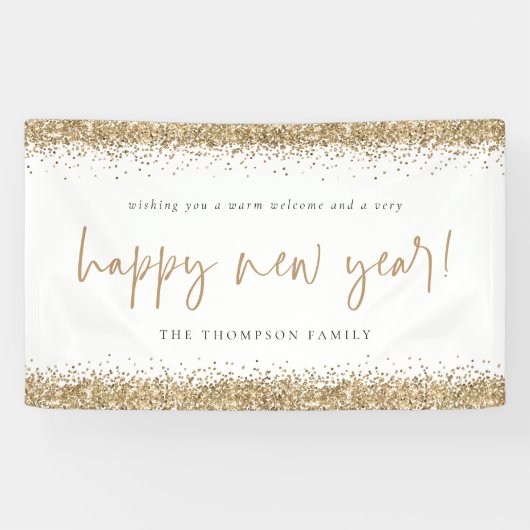 Gold Glitter Happy Nieuwjaarsnaam wit Spandoek (Horizontaal)