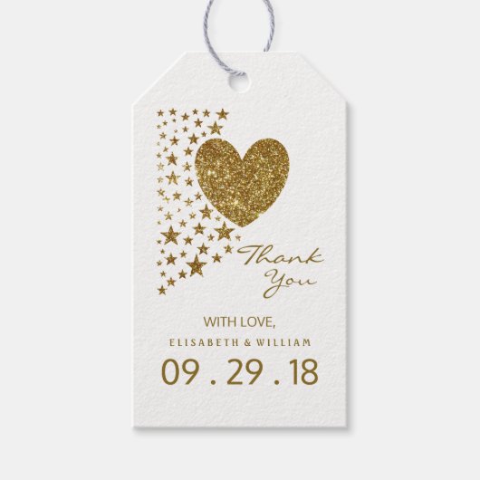 Gold Glitter Heart en Stars Wedding Cadeaulabel (Voorkant)