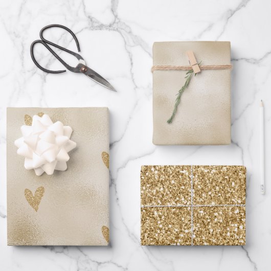 Gold Glitter Heart Inpakpapier Vel (Voorkant)