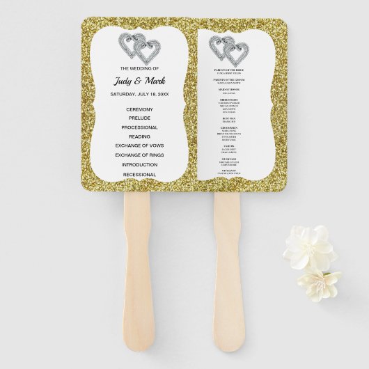 Gold Glitter Hearts Trouwprogramma Fans Handwaaier (Voorkant en achterkant)