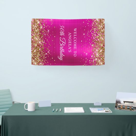Gold Glitter Hot Pink Folie 50e Verjaardag V Spandoek (Beurs)