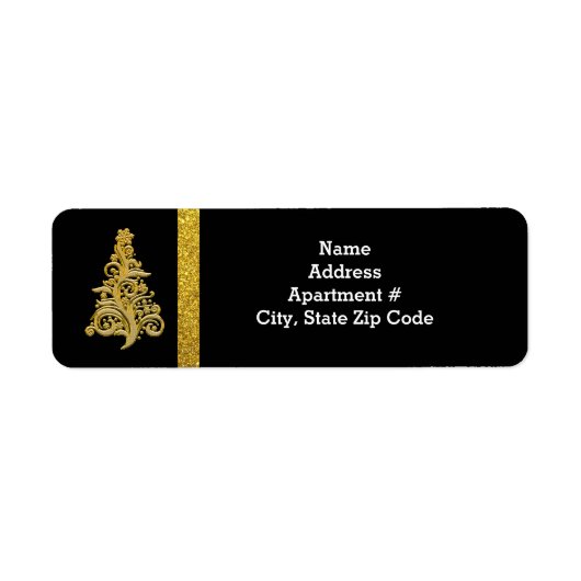 Gold Glitter-kerstboom met zwarte omloop Etiket (Voorkant)