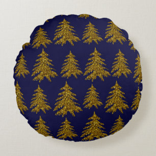 Gold glitter-kerstboom op blauwe achtergrond rond kussen