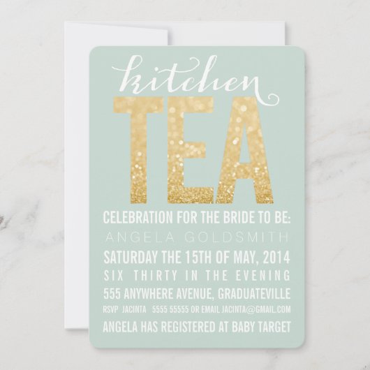 Gold Glitter Kitchen Tea Shower Party - Uitnodigin Kaart (Voorkant)