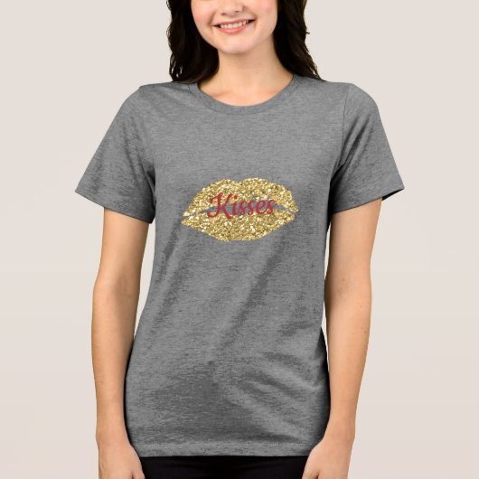 Gold Glitter Lips Flirty Kiss Tri-Blend Shirt (Voorkant)
