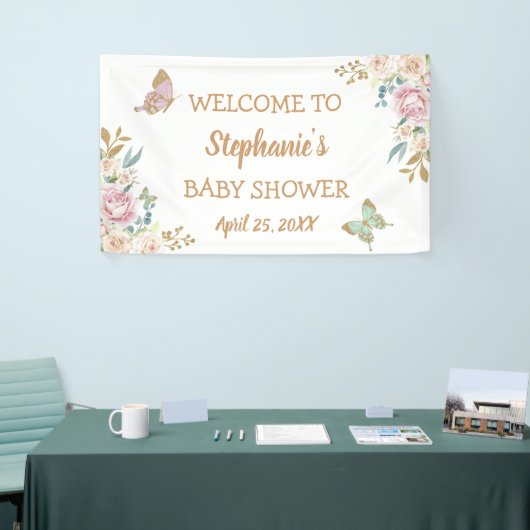 Gold Glitter Little Butterfly Baby shower Backdrop Spandoek (Beurs)