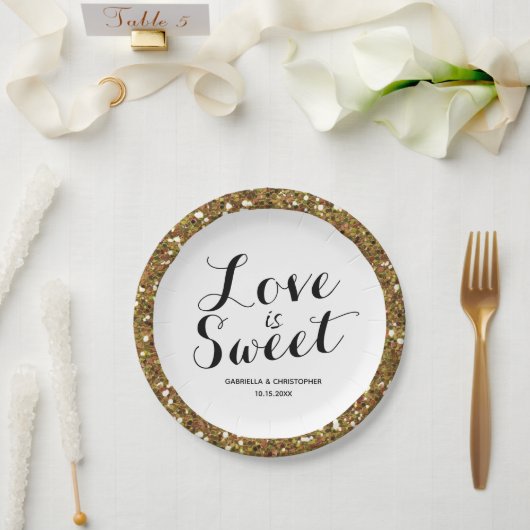 Gold Glitter Love is Sweet Paper Bord (Huwelijk)