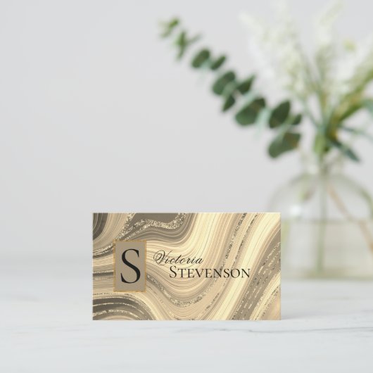 Gold Glitter Marble Monogram Elegant Abstract Visitekaartje (Staand voorkant)