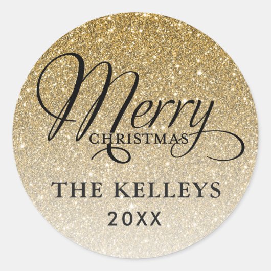 Gold Glitter Merry kerstcadeau-Label Ronde Sticker (Voorkant)