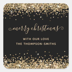 Gold Glitter Merry Kerstmis Names Black Vierkante Sticker