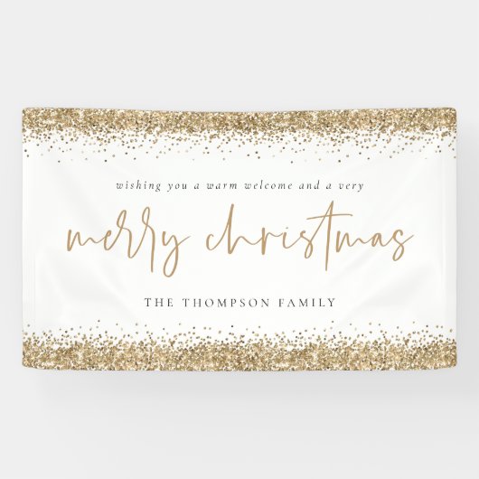 Gold Glitter Merry-kerstnaam: witte banner (Horizontaal)