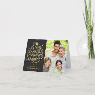 Gold Glitter Merry Wishes Family Kerstfoto Feestdagen Kaart