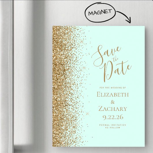 Gold Glitter Mint Green Magnetic Save the Date