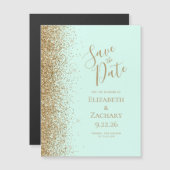 Gold Glitter Mint Green Magnetic Save the Date (Voorkant / Achterkant)