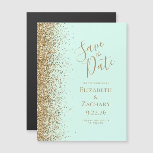 Gold Glitter Mint Green Magnetic Save the Date (Voorkant / Achterkant)