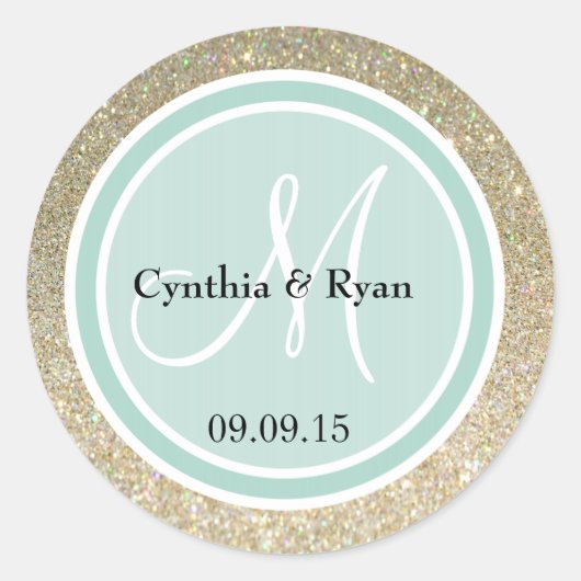 Gold Glitter & Mint Green Wedding Monogram Ronde Sticker (Voorkant)