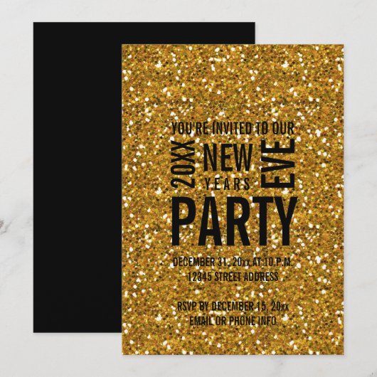 Gold Glitter Moderne New Years Eve Party Invitatio Kaart (Voorkant / Achterkant)