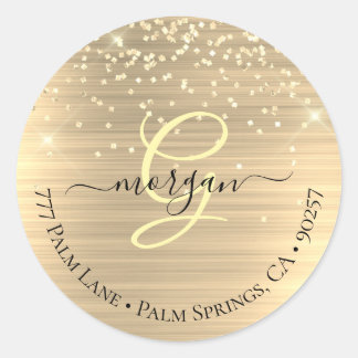 Gold Glitter & Monogram, Black Script Name Address Ronde Sticker