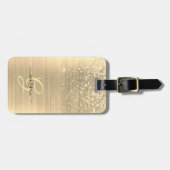 Gold Glitter & Monogram, Black Script Name Bagagelabel (Voorkant horizontaal)