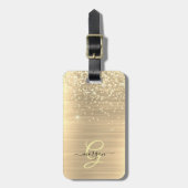 Gold Glitter & Monogram, Black Script Name Bagagelabel (Voorkant verticaal)