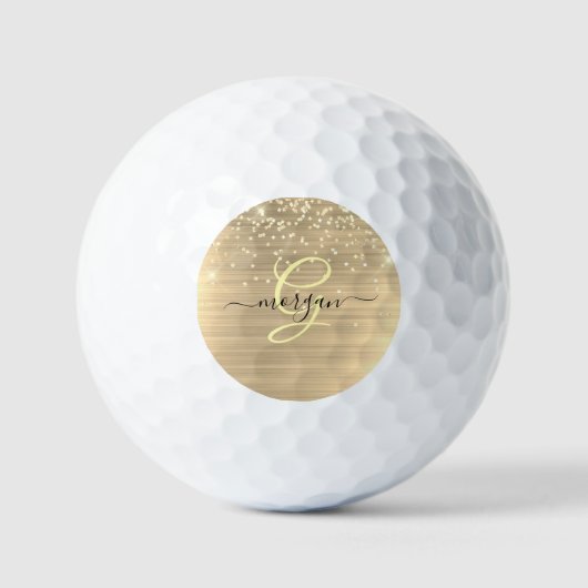 Gold Glitter & Monogram, Black Script Name Golfballen (Voorkant)