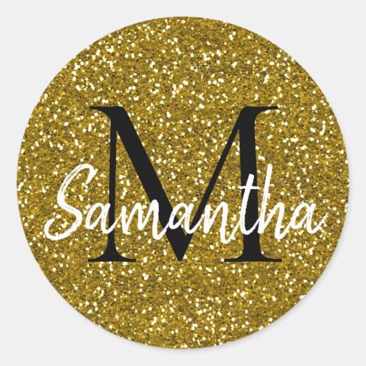Gold Glitter Monogram Initiaal Name Ronde Sticker (Voorkant)